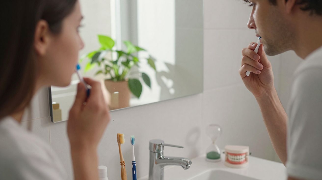 Casal escovando os dentes juntos em frente ao espelho do banheiro.