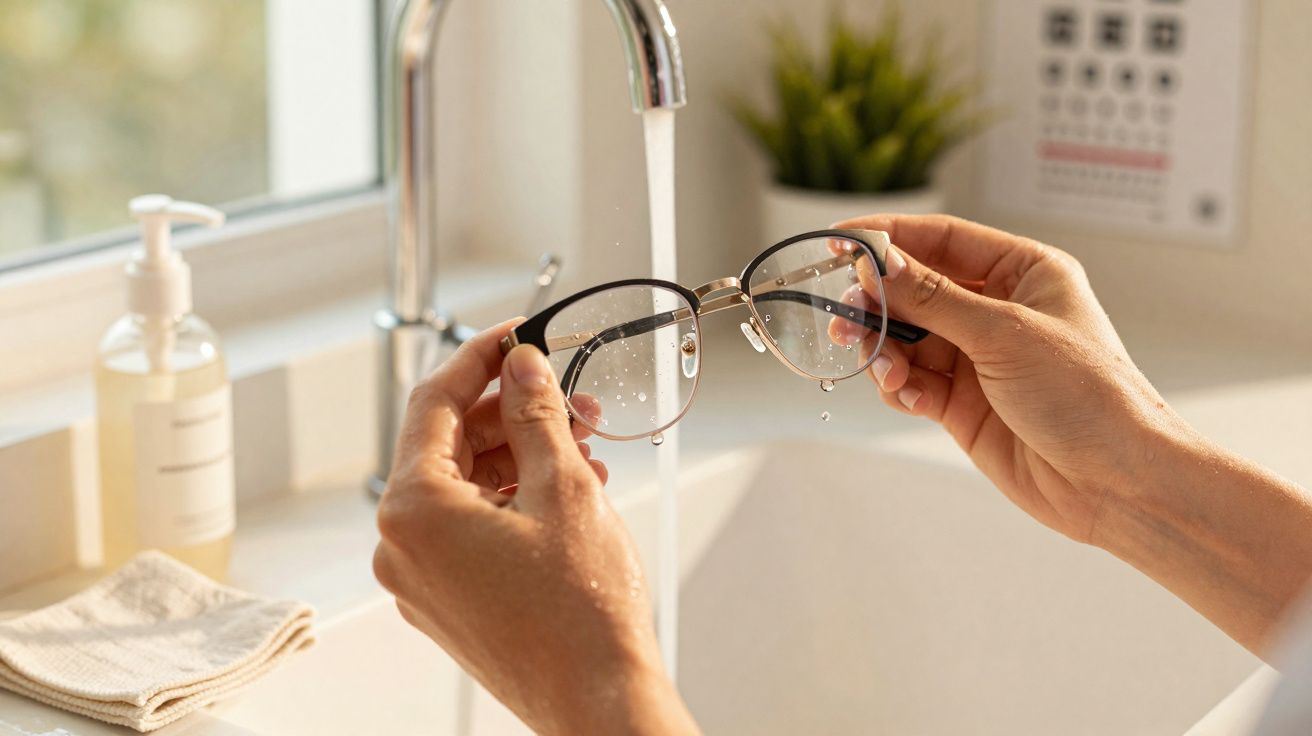 Pessoa lavando óculos de grau com água corrente na pia de banheiro iluminado.