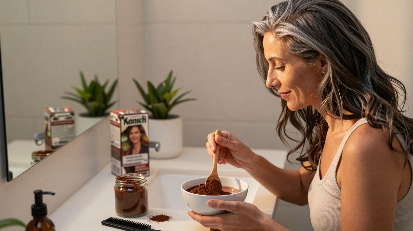 Mulher preparando mistura de tintura de cabelo em creme, segurando tigela branca e colher de madeira, no banheiro.