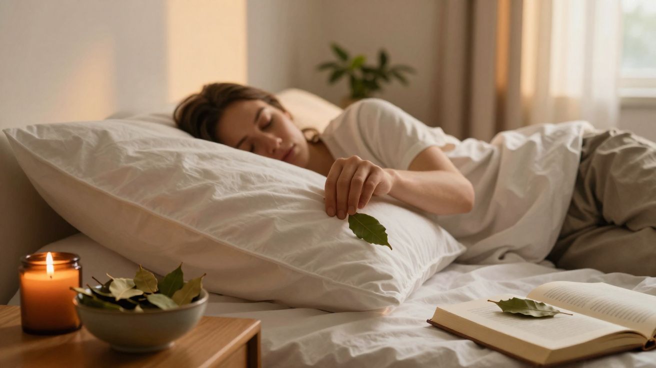 Mulher dormindo abraçada ao travesseiro, com folha e livro aberto na cama, vela acesa ao lado.