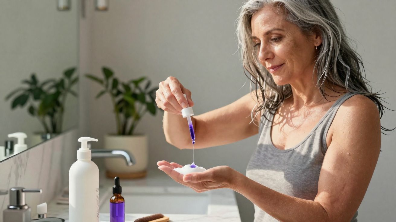 Mulher madura aplicando sérum facial roxo com conta-gotas no banheiro moderno.