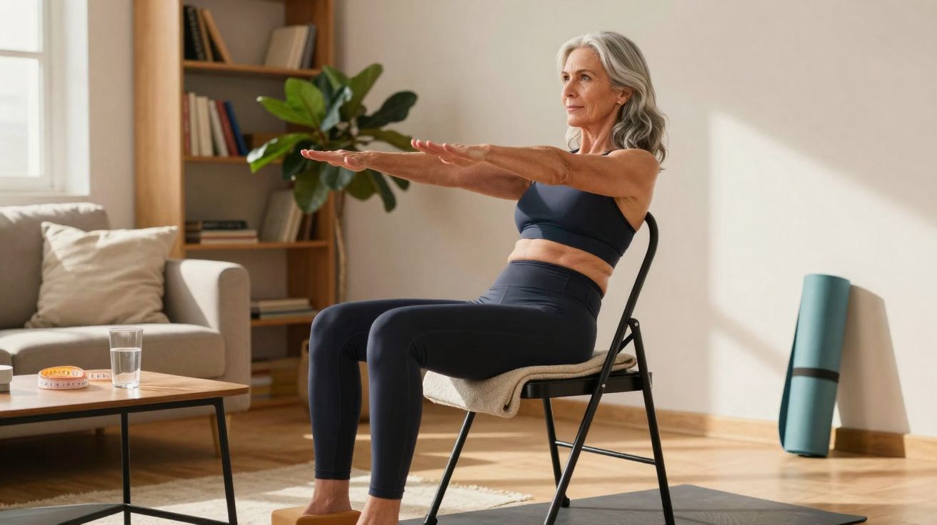Mulher madura fazendo exercício sentado em cadeira, braço estendido para frente, em sala iluminada e organizada.