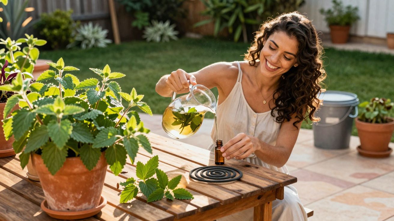 Mulher sorridente preparando óleo essencial caseiro em jarra, sentada em mesa de madeira no jardim.