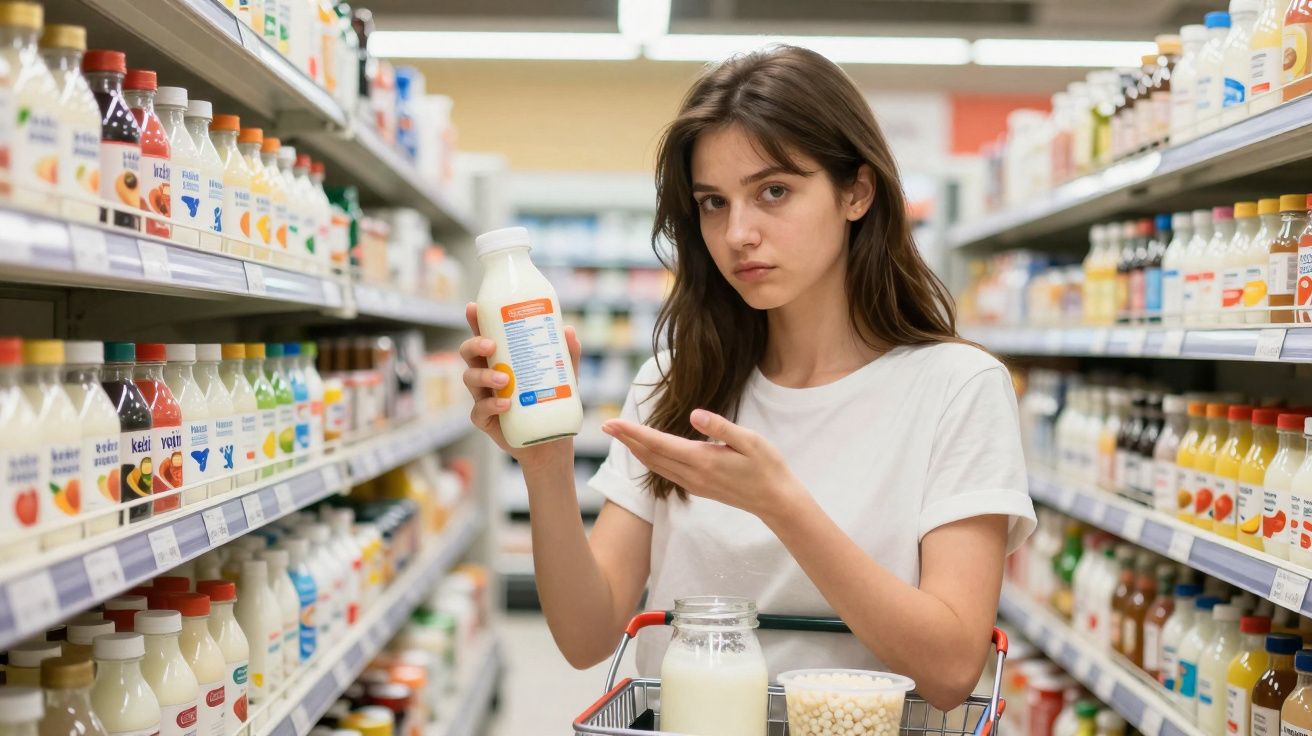Mulher jovem de camiseta branca segura bebida e examina rótulo em corredor de supermercado.