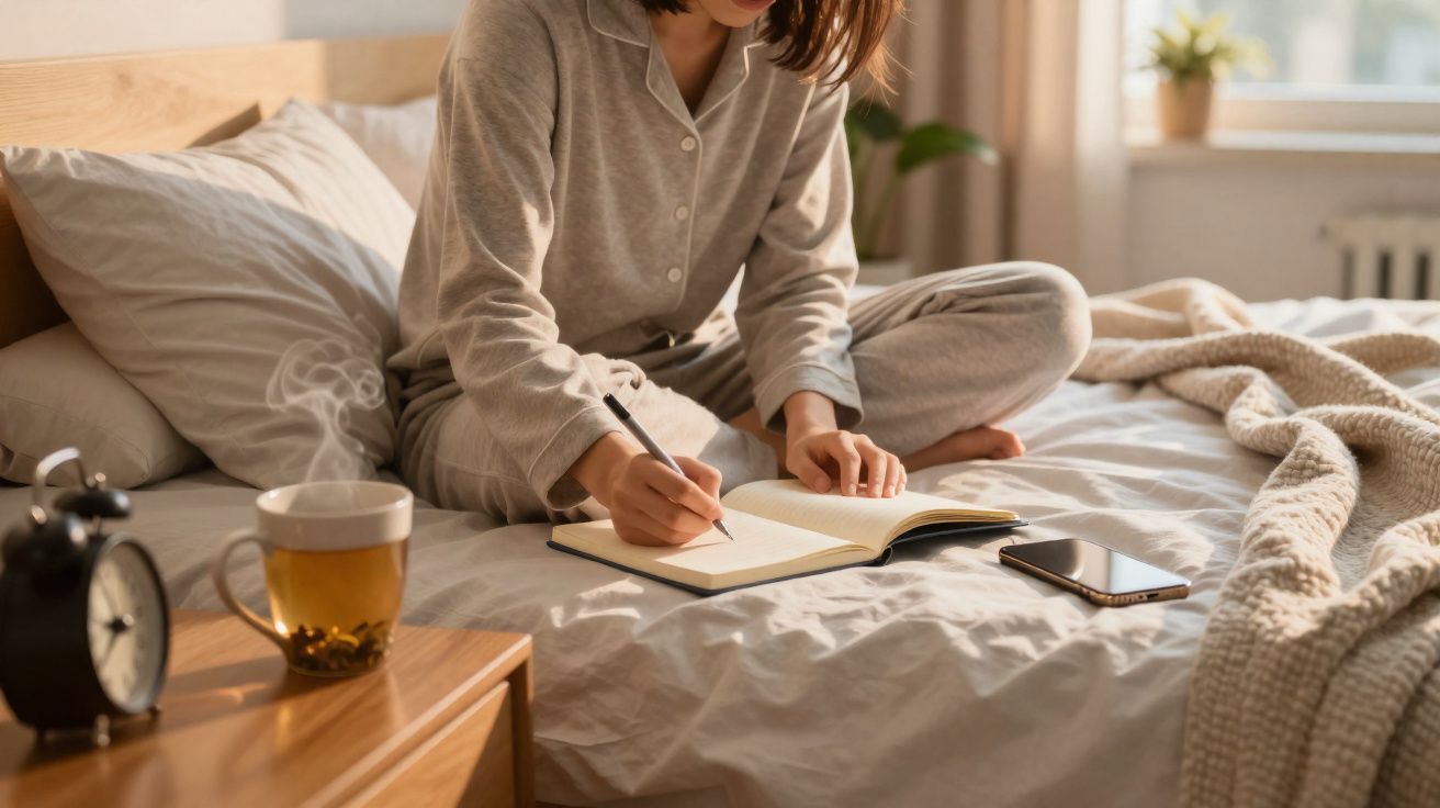 Pessoa sentada na cama escrevendo em caderno, ao lado celular, xícara de chá e despertador no criado-mudo.