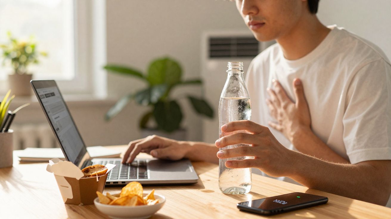 Pessoa segura garrafa de água com uma mão e toca o peito com a outra enquanto usa notebook na mesa.