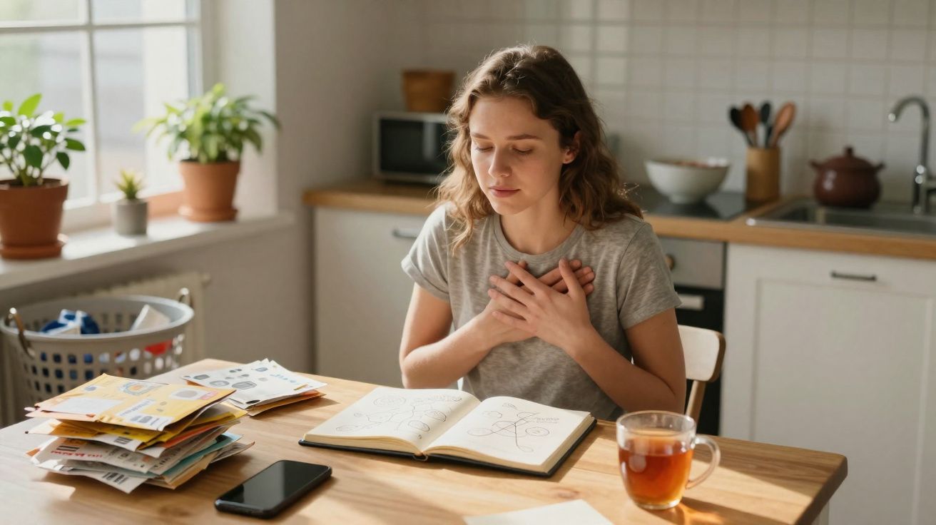 Mulher sentada em cozinha com mãos no peito, olhando para livro aberto sobre a mesa com chá ao lado.