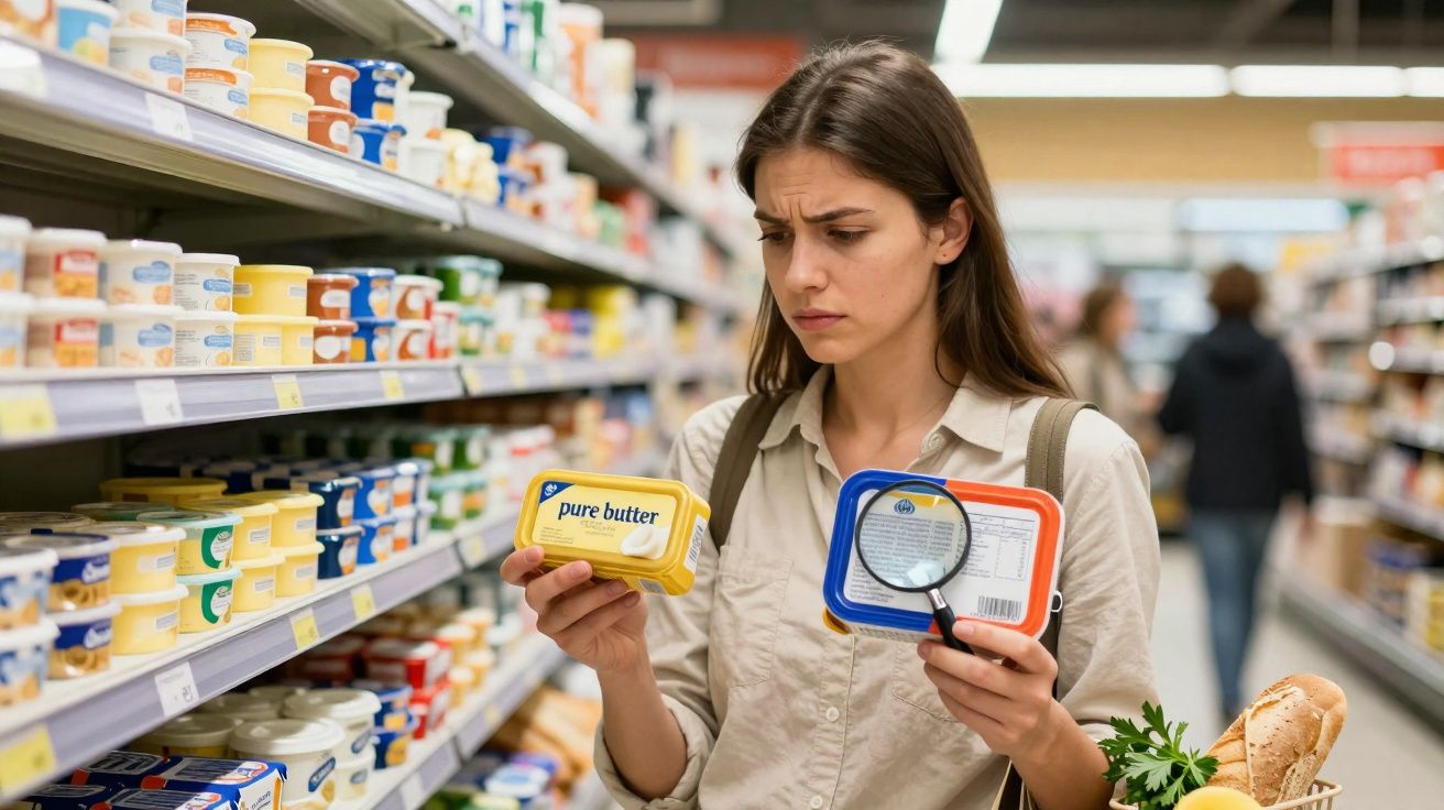 Mulher no supermercado comparando rótulos de manteiga, examinando ingredientes com lupa.