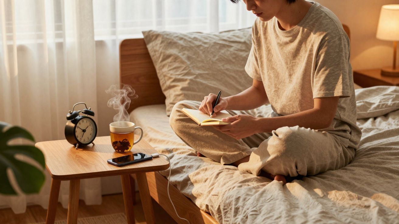 Pessoa sentada na cama escrevendo em caderno, com chá quente, celular e despertador na mesa ao lado.