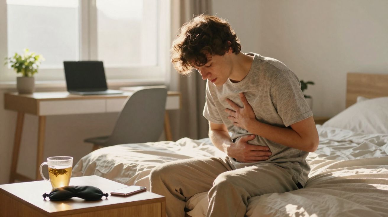 Jovem sentado na cama com expressão de dor, segurando o peito e o estômago em quarto iluminado.