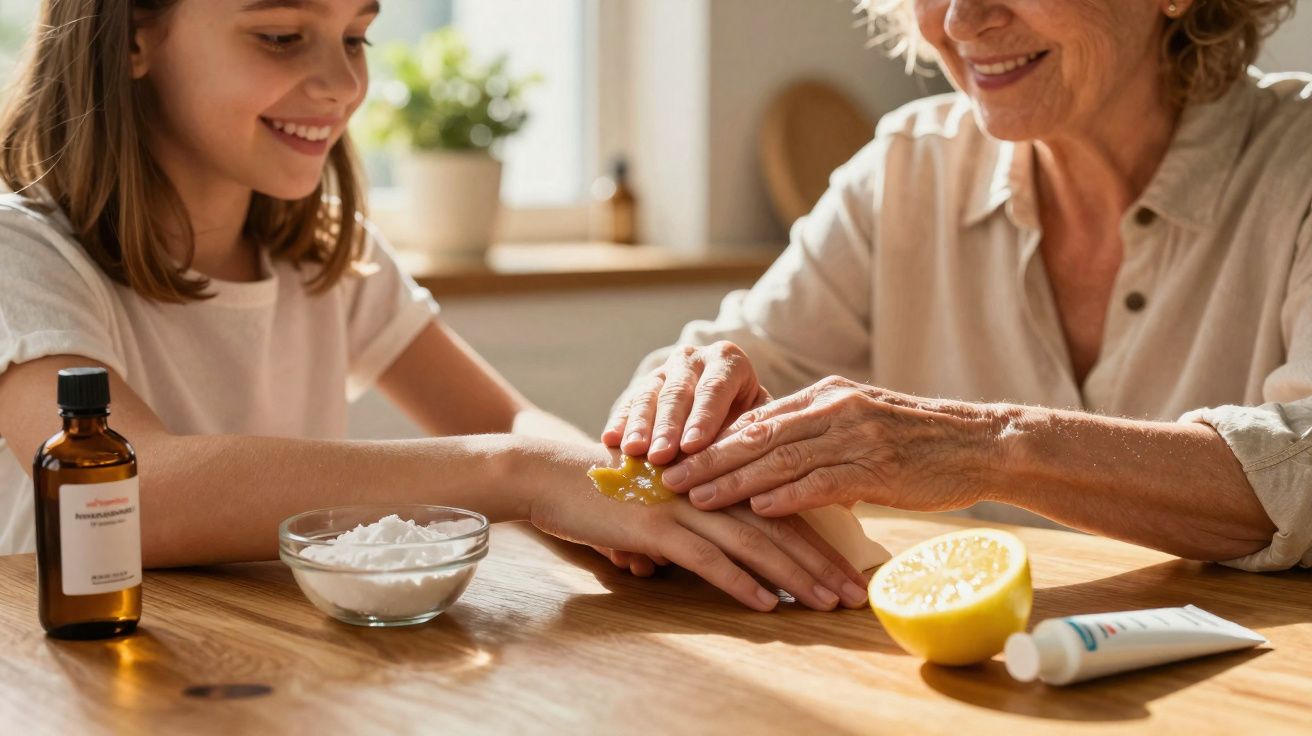 Mulher idosa aplicando pomada natural na mão de menina sorridente em mesa com ingredientes caseiros.