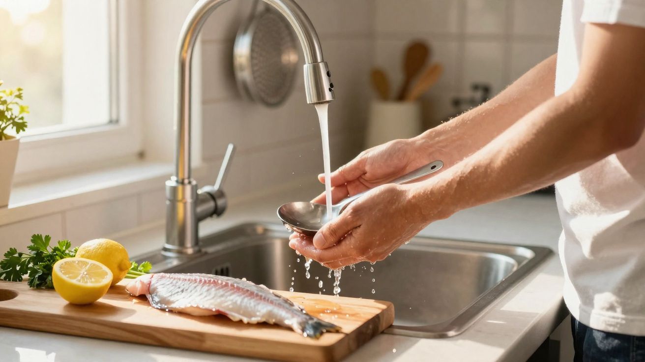 Pessoa lavando colher em pia enquanto prepara peixe e limão sobre tábua de corte na cozinha iluminada.