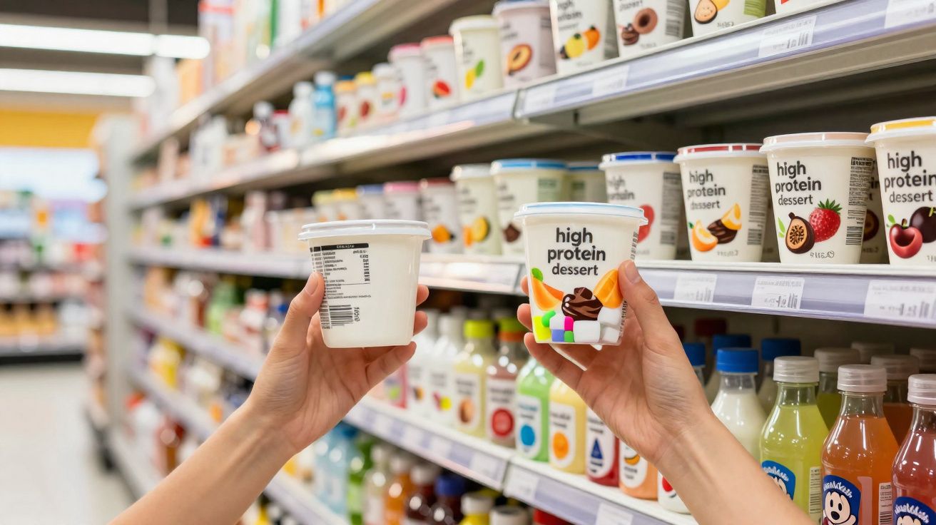 Pessoa segurando dois potes de sobremesa proteica em corredor de supermercado.