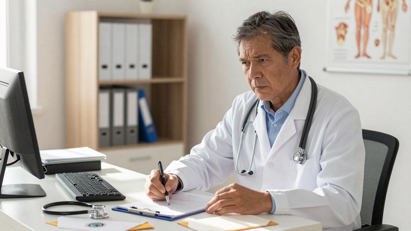 Médico asiático com jaleco branco analisando documentos e escrevendo em consultório.