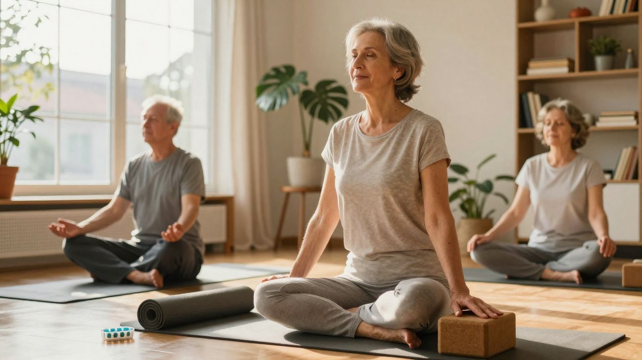 Grupo de idosos praticando meditação sentados em tapetes de yoga em ambiente iluminado.