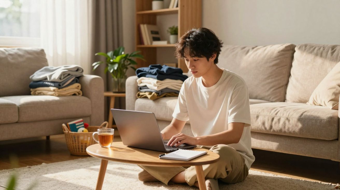 Jovem sentado no chão da sala usando laptop, com mesa pequena, xícara de chá e bloco de notas à frente.