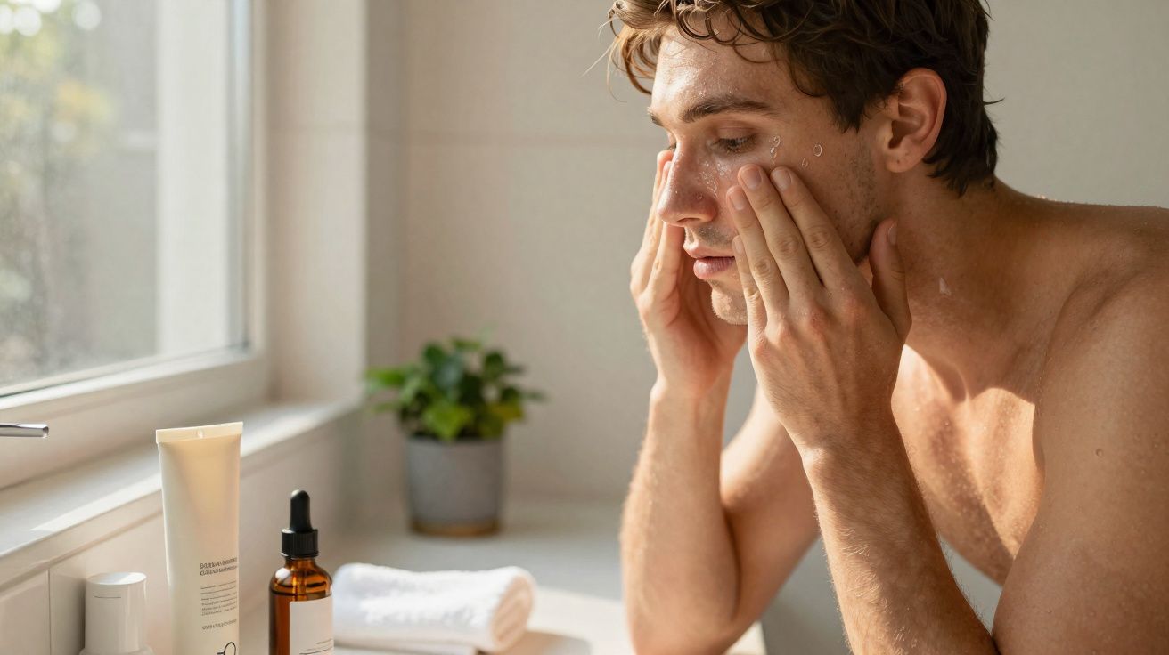 Homem com o rosto molhado aplicando creme ou sérum no rosto em banheiro iluminado pela luz natural.