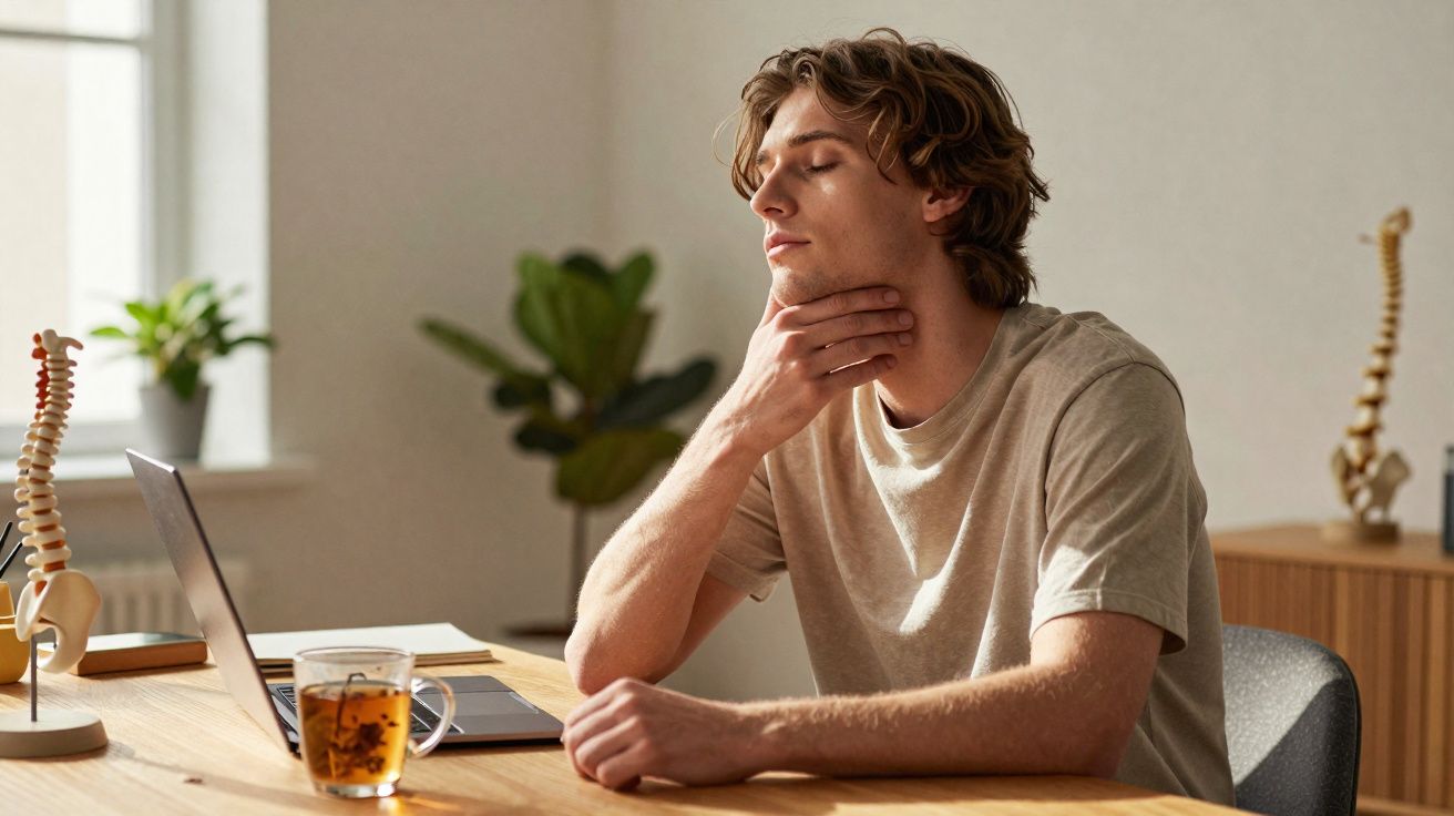 Jovem sentado à mesa com laptop, segurando o pescoço e demonstrando desconforto ou dor.