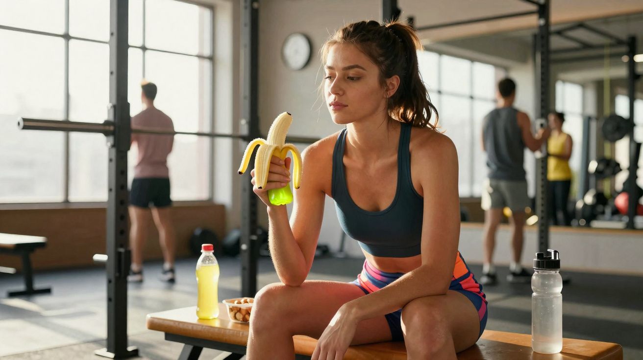 Mulher em roupa de ginástica sentada no banco de academia comendo banana e descansando.