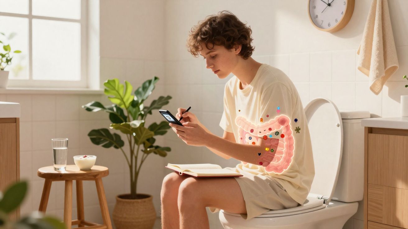 Pessoa sentada no vaso sanitário usando celular, com desenho ilustrativo do intestino visível na camiseta.