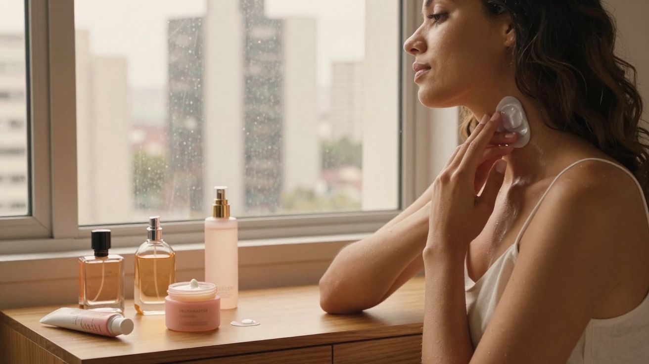 Mulher aplicando creme no pescoço perto da janela com produtos de skincare sobre a cômoda.