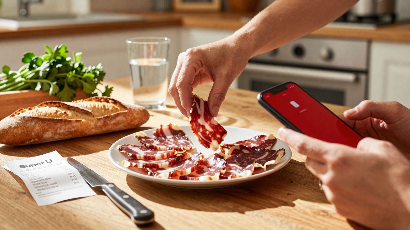 Pessoa pegando fatia de carne em prato com pão, receita e celular sobre mesa de madeira na cozinha.
