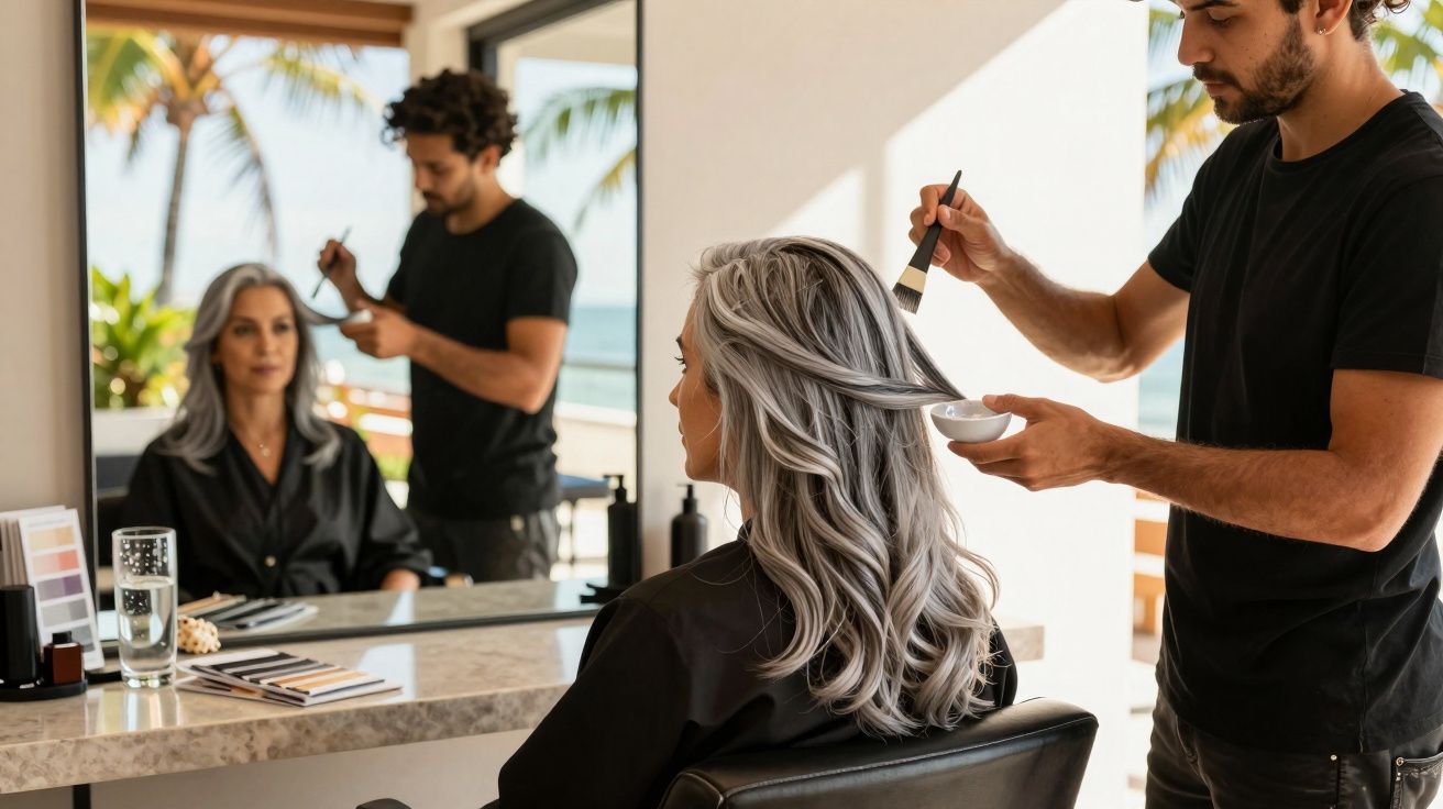 Cabeleireiro aplicando tintura em mulher com cabelo grisalho em salão com vista para o mar.