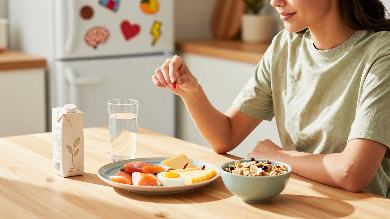 Pessoa sentada à mesa com café da manhã saudável: ovos, salmão, queijo, cereal, leite e copo d'água.