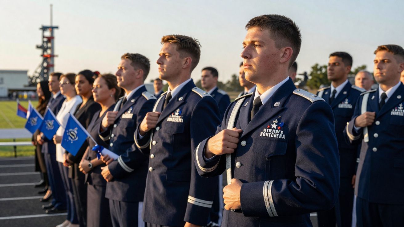 Militares em uniforme azul marinho em formação com a mão no peito durante cerimônia ao ar livre ao entardecer.