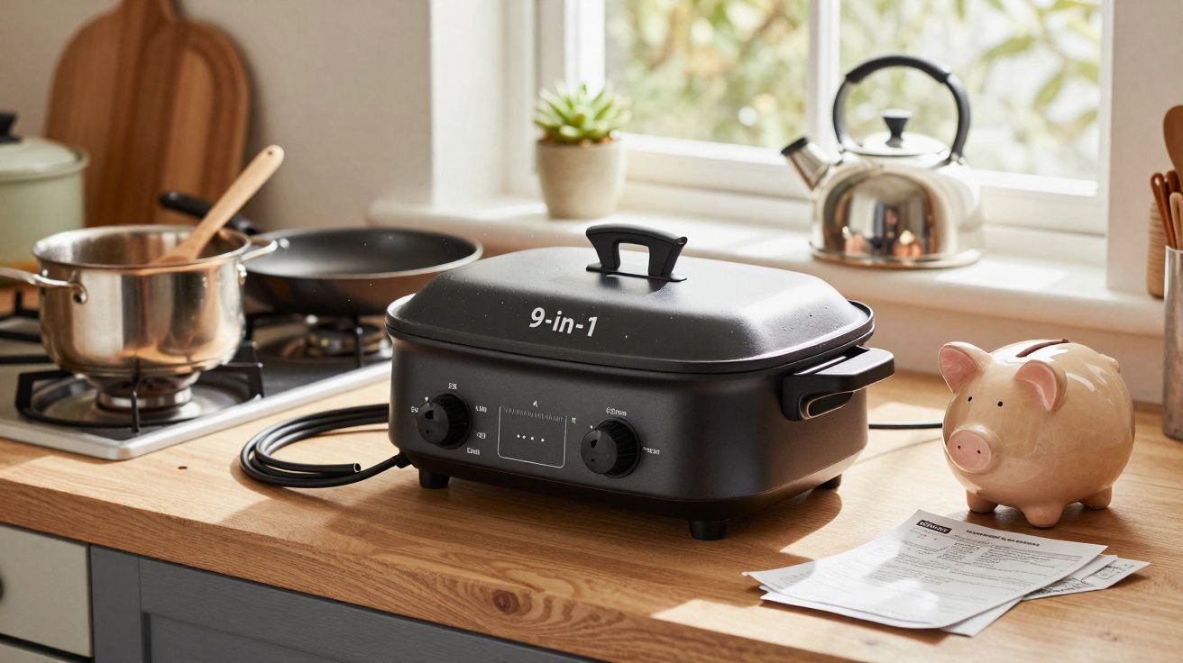 Fogão elétrico 9 em 1 na bancada da cozinha com chaleira e cofrinho pig no fundo.