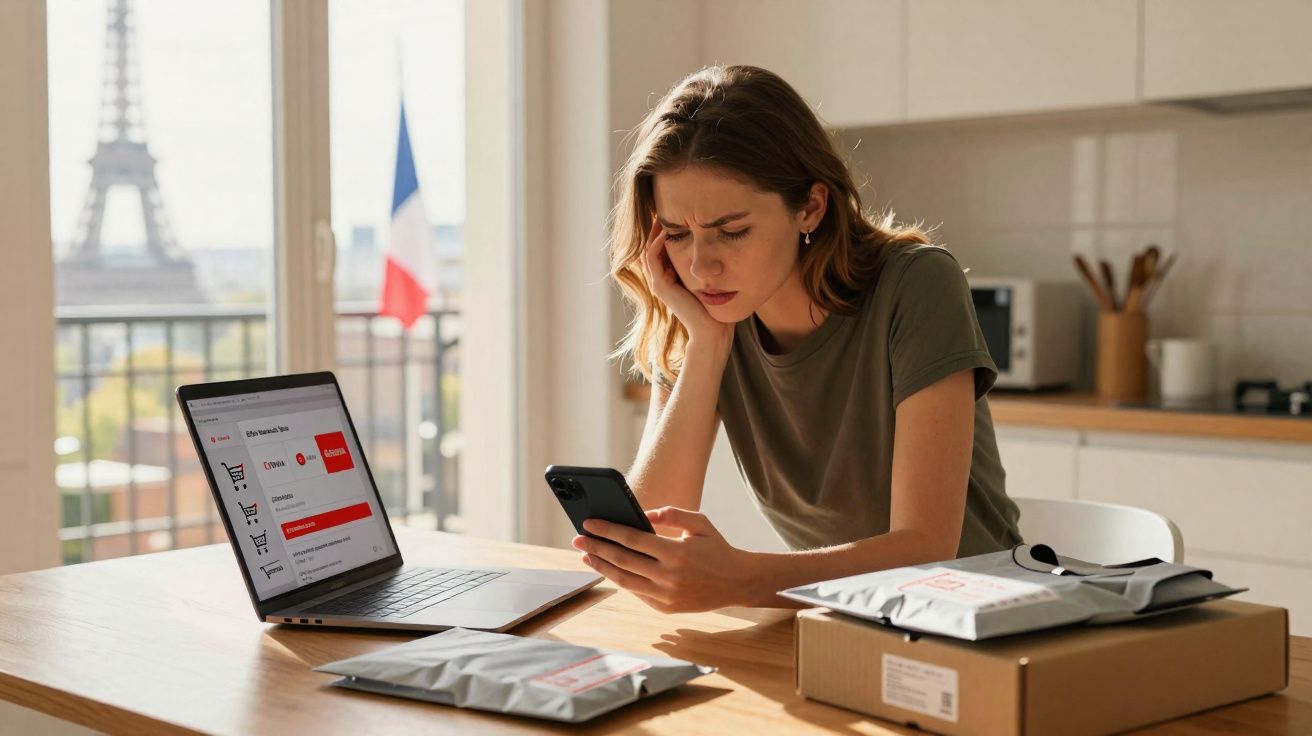 Jovem preocupada usando celular sentada à mesa com laptop aberto e pacotes, Torre Eiffel ao fundo.