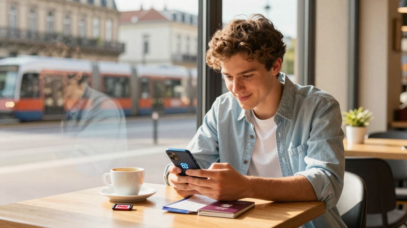 Jovem sorridente usando celular em café, com xícara de café e passaporte sobre a mesa junto à janela.
