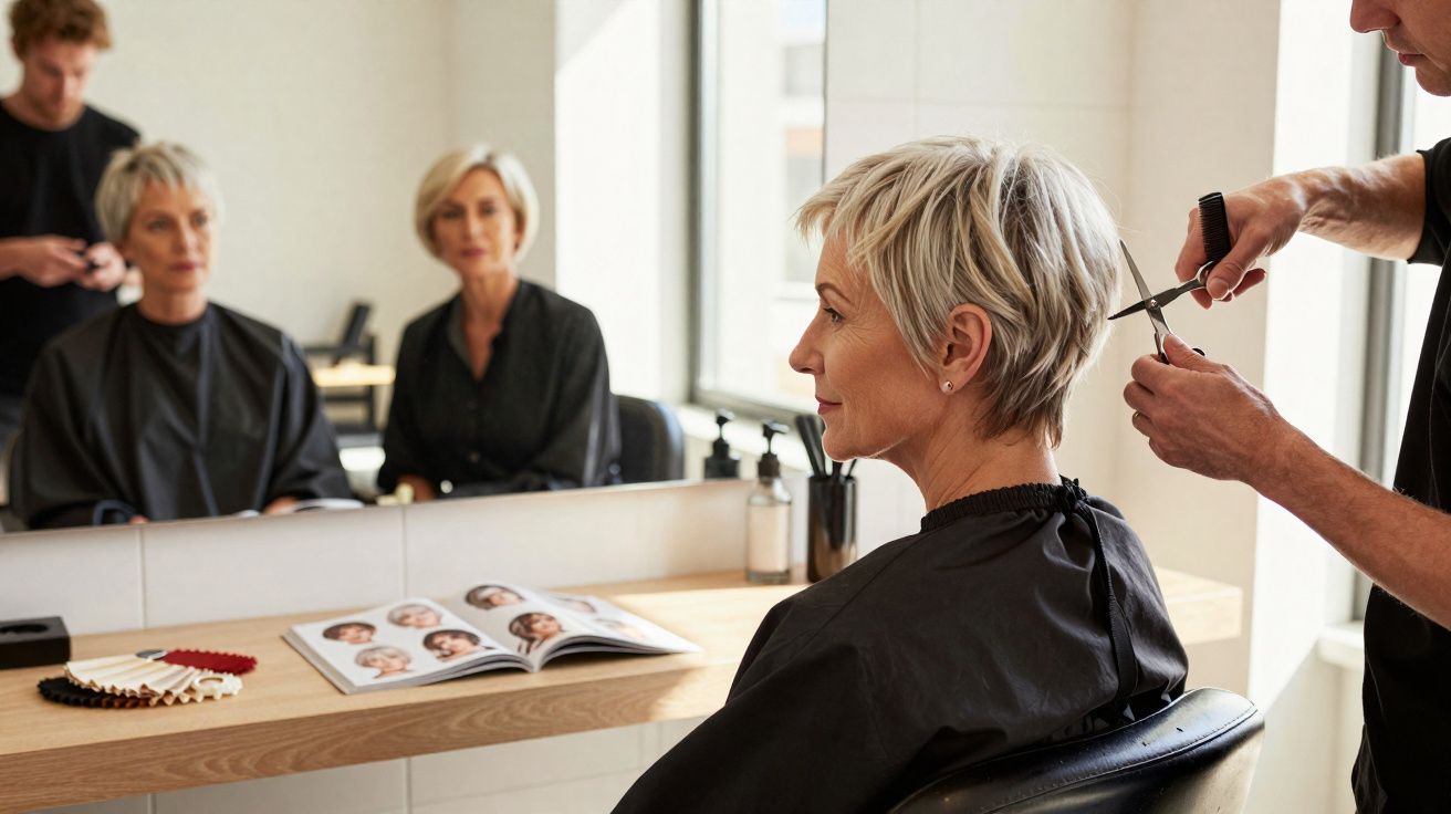 Mulher de cabelos curtos loiros sentada em salão recebendo corte de cabelo, vista pelo espelho.