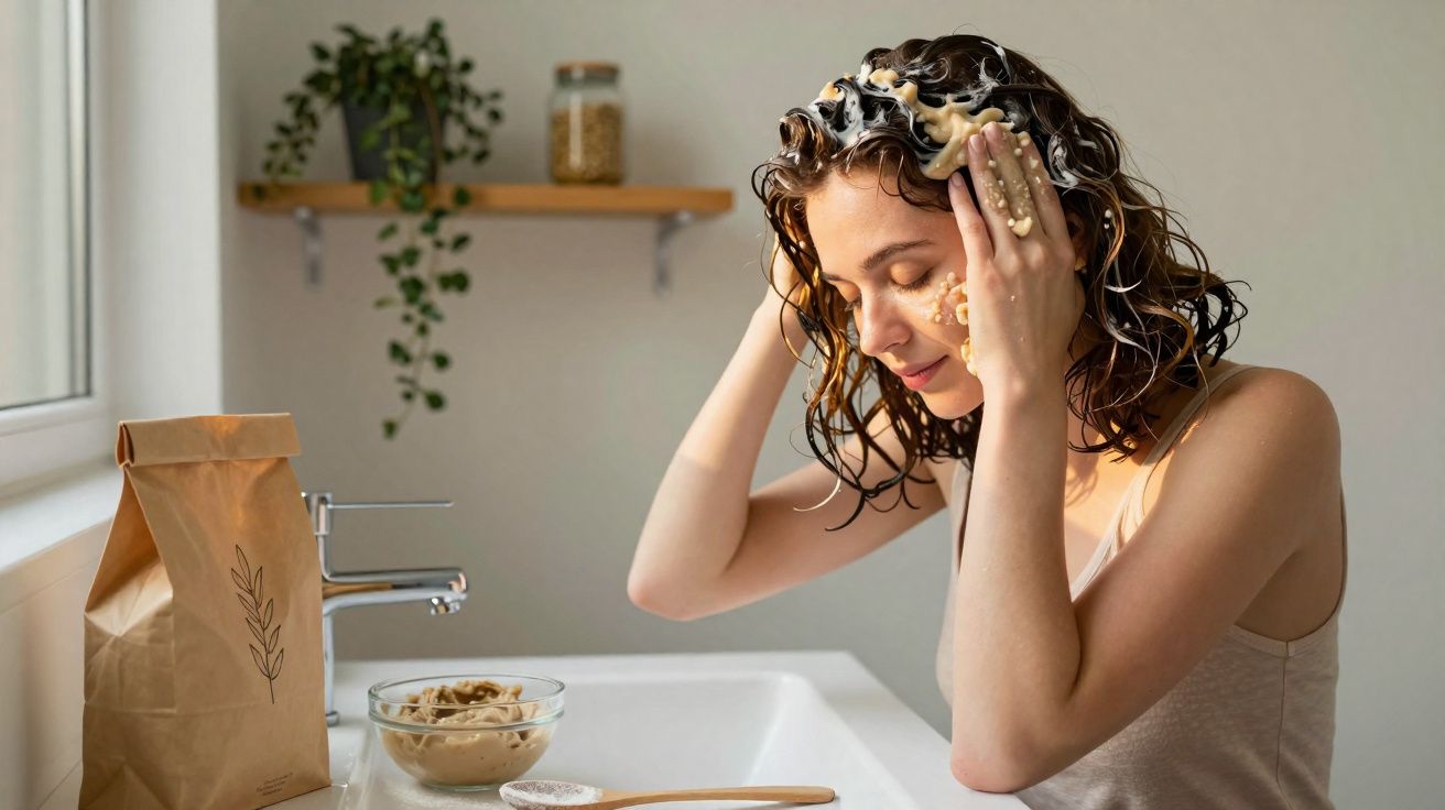 Mulher aplicando máscara facial caseira em banheiro iluminado pela luz natural.