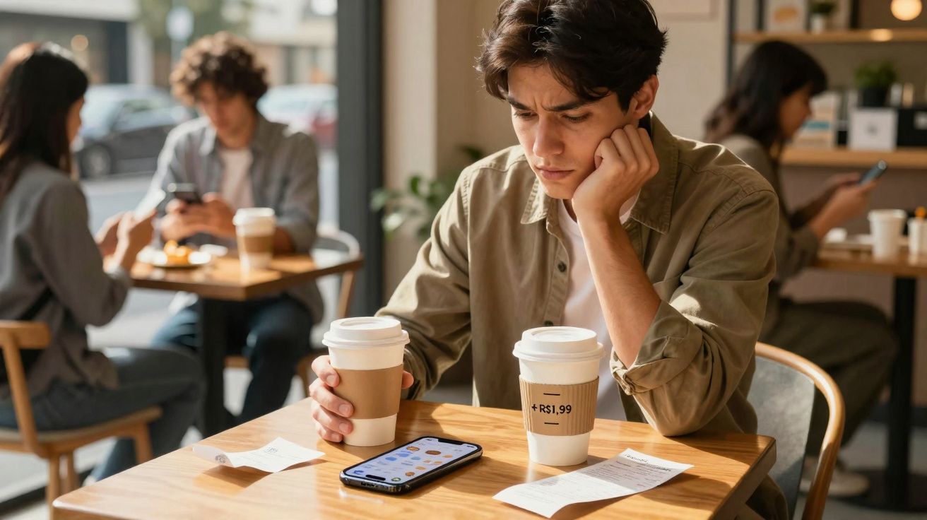 Homem sentado em cafeteria com dois copos de café e olhando preocupado para a conta e um celular na mesa.