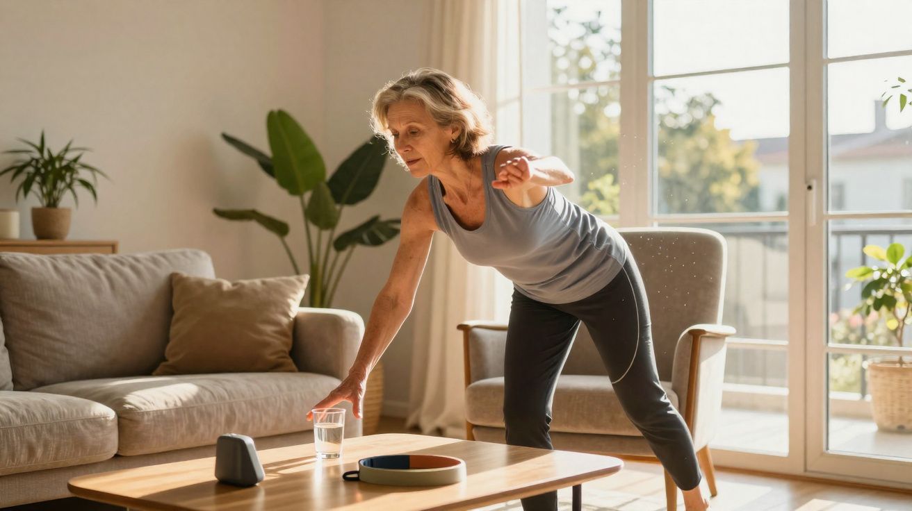 Mulher idosa se exercita em sala iluminada, alcançando copo de água sobre mesa de centro.