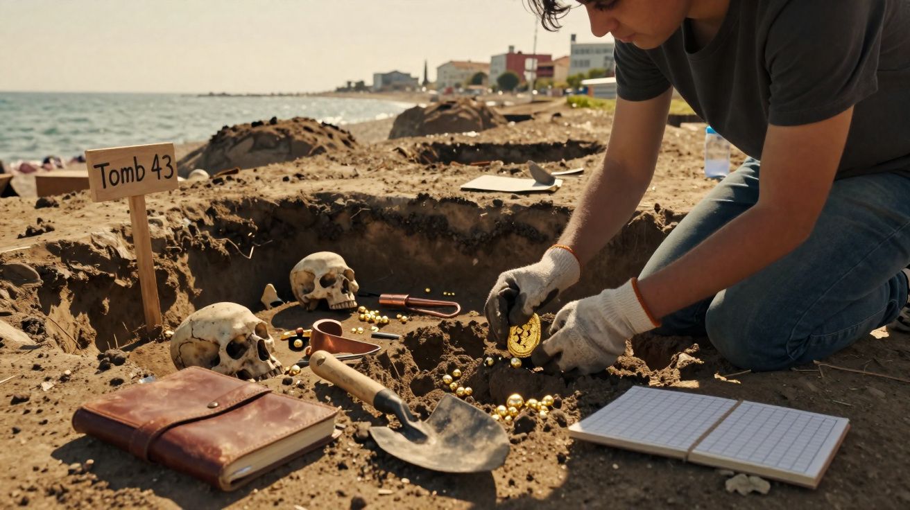 Arqueólogo escavando túmulo à beira-mar com crânios, joias douradas e ferramentas ao redor.