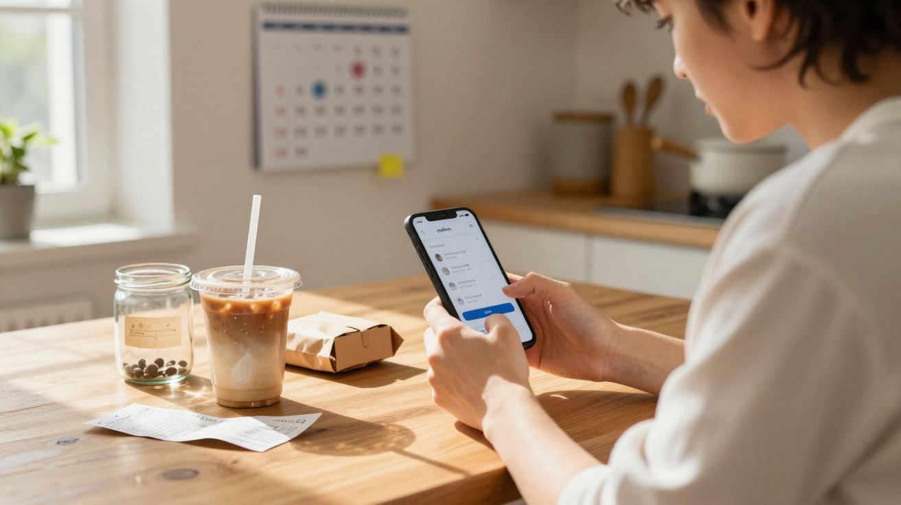 Pessoa usando celular em mesa de madeira com café gelado, recibo e embalagem, em ambiente iluminado.