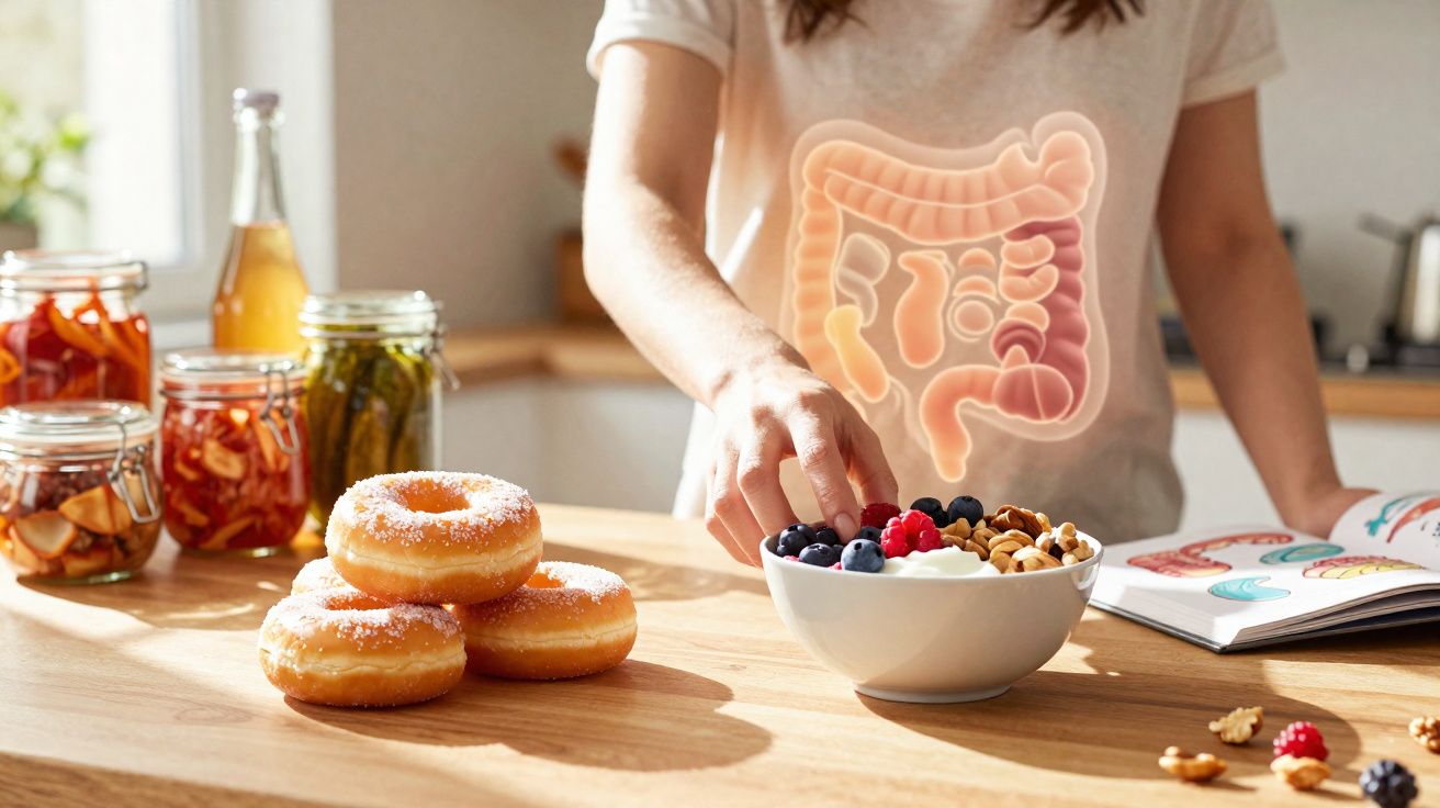 Pessoa escolhendo alimentos saudáveis com imagem sobreposta do intestino destacando escolhas alimentares.