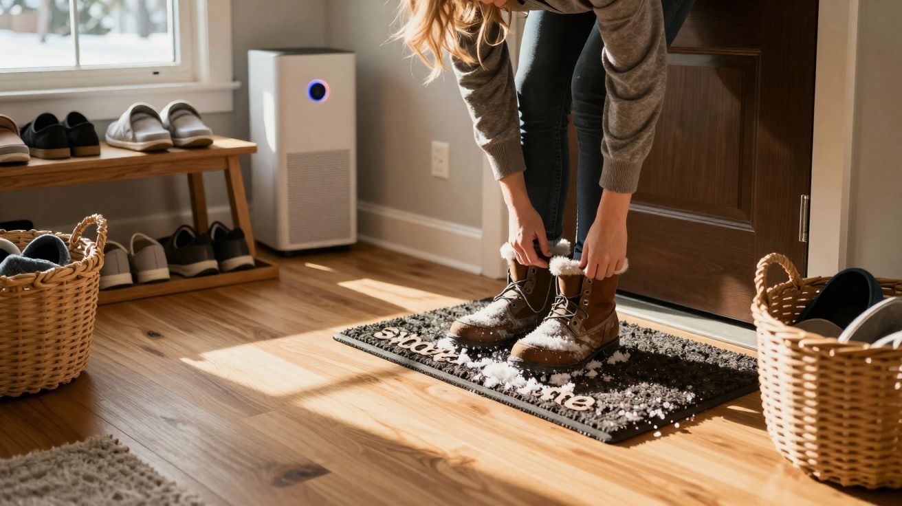 Pessoa tirando neve das botas em tapete na entrada de casa com armário de sapatos e purificador de ar ao fundo.