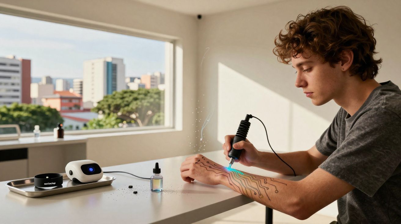 Jovem usando dispositivo moderno para criar tatuagem tecnológica futurista em seu braço, em ambiente iluminado.