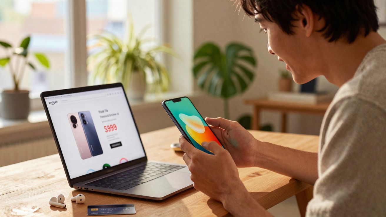 Homem sentado em mesa usando celular com notebook aberto em site de compra de smartphone.