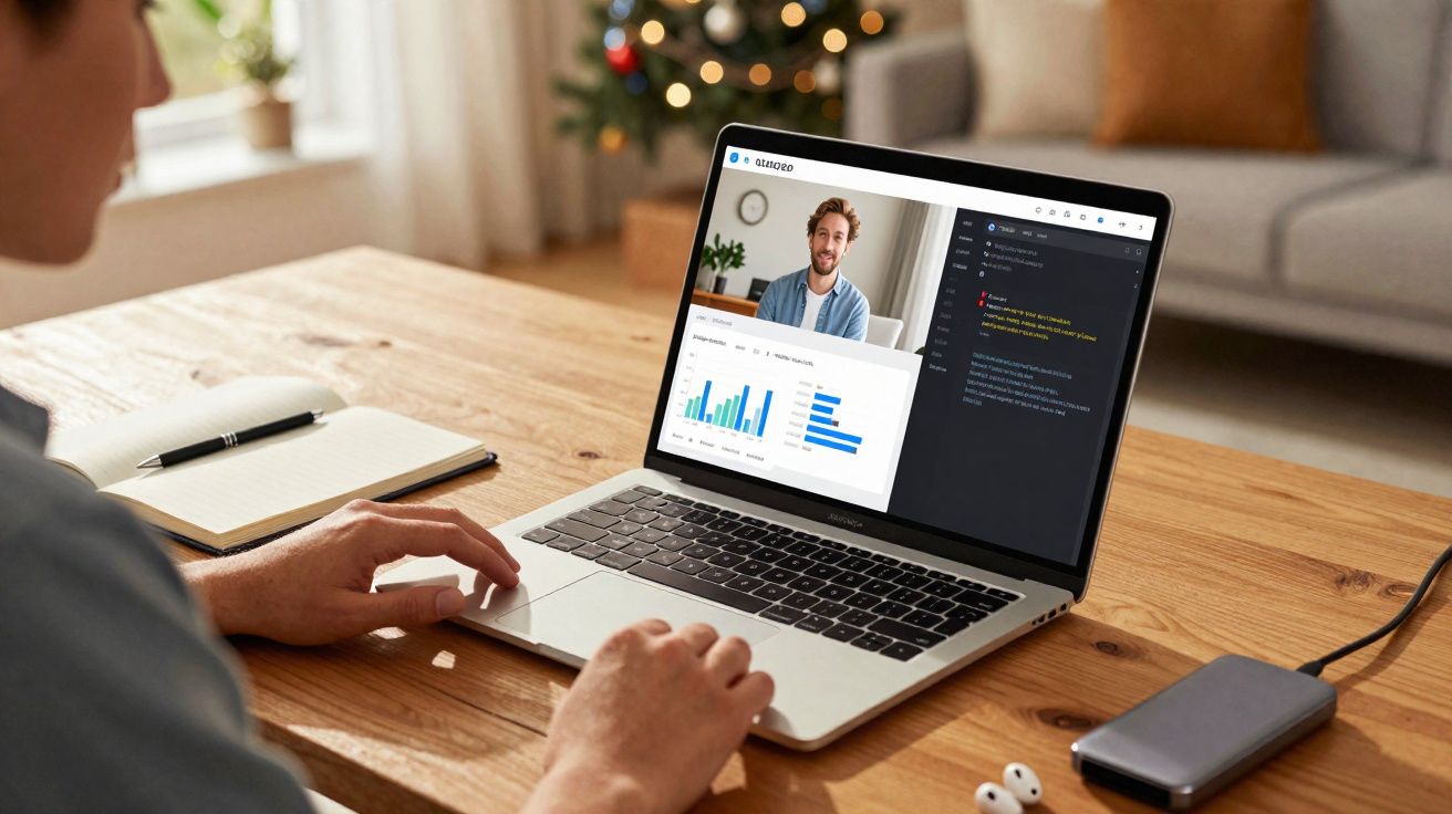 Pessoa participa de videoconferência com gráfico de barras visível na tela do laptop em mesa de madeira.