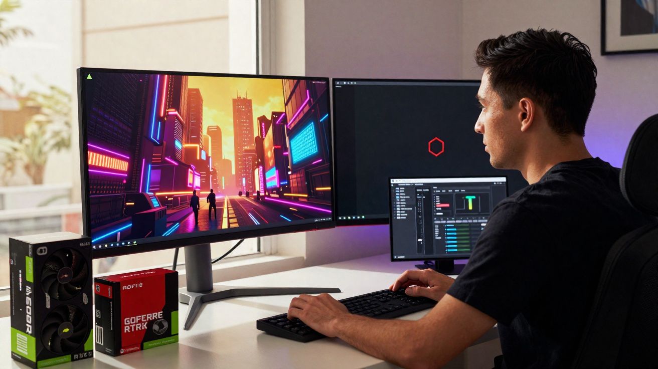 Homem trabalhando em estação com três monitores, um exibindo arte digital colorida futurista.
