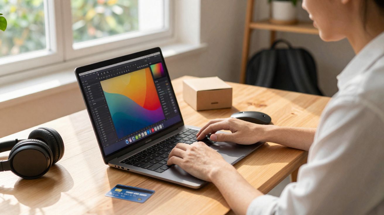 Pessoa usando laptop para editar imagem em mesa de madeira, com fones de ouvido, mouse e cartão de crédito.