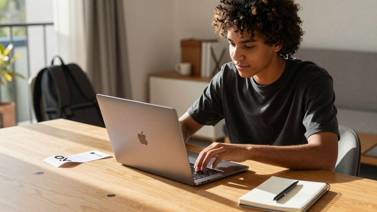 Pessoa jovem trabalhando em laptop em mesa de madeira com caderno e caneta ao lado em ambiente claro.