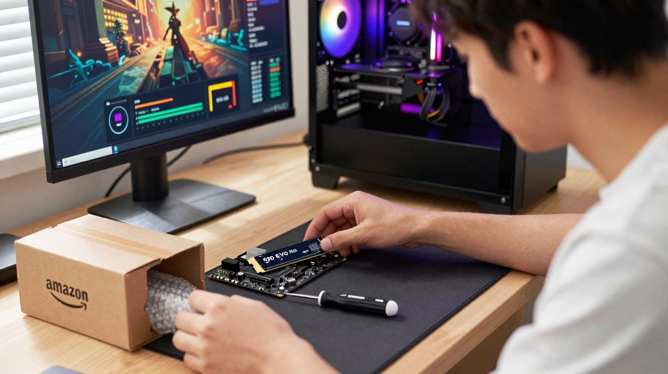 Pessoa instalando memória RAM em computador com monitor ligado e caixa da Amazon na mesa.