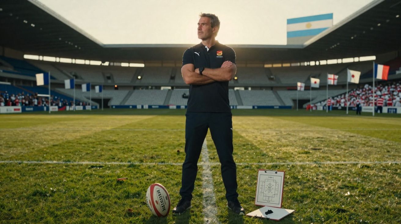 Homem de braços cruzados em campo de rugby com bola e prancheta ao lado, estádio ao fundo.