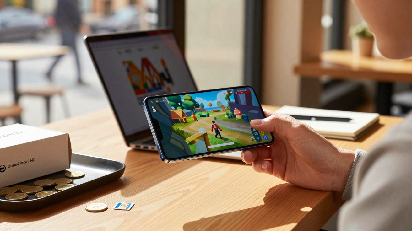 Pessoa segurando celular jogando jogo colorido em mesa com notebook aberto e moedas ao redor.