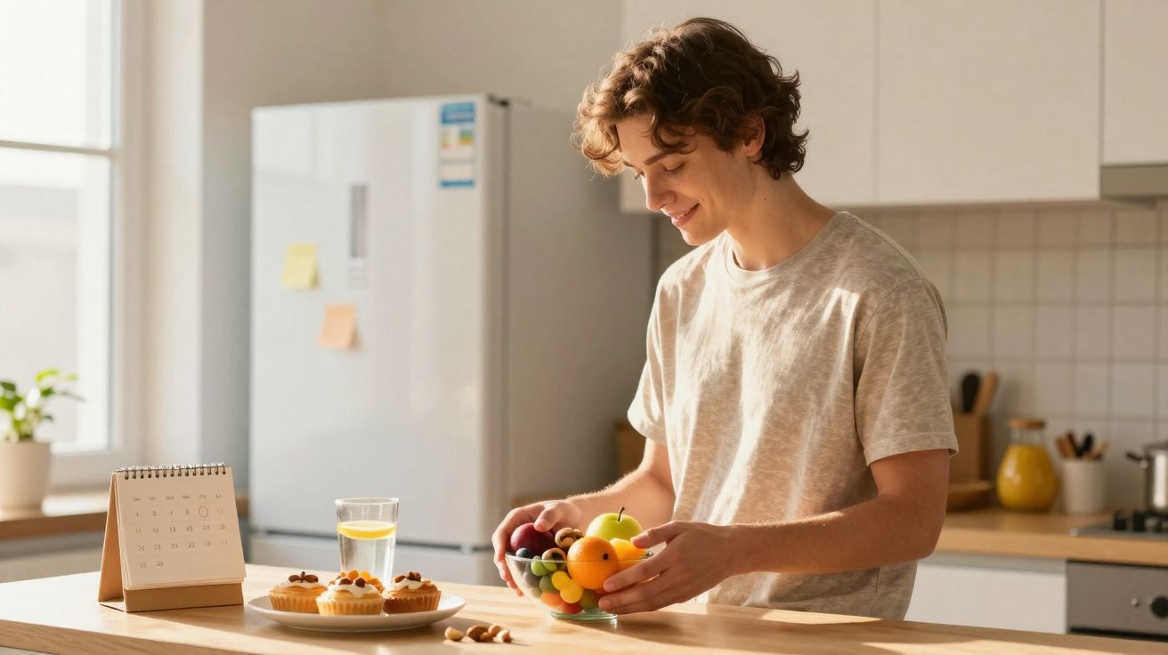 Jovem sorridente segurando tigela com frutas na cozinha iluminada pela manhã.